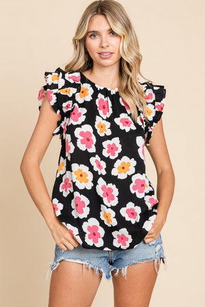 Layered Ruffle Shoulder Flower Top