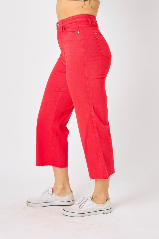HW Red Garment Dyed Crop Wide Leg Jeans