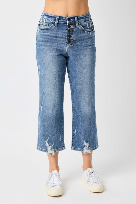 HW Button Fly Distress Wide Leg Crop Jeans