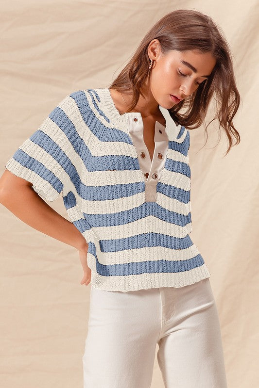 Eyelet Placket Stripe Sweater Top