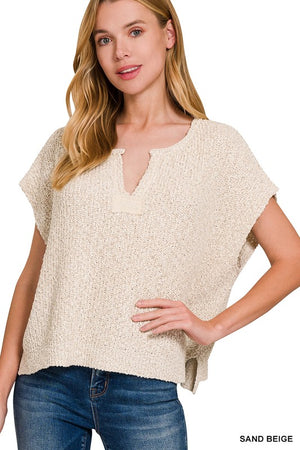 Back Patch Notch Neck SS Sweater