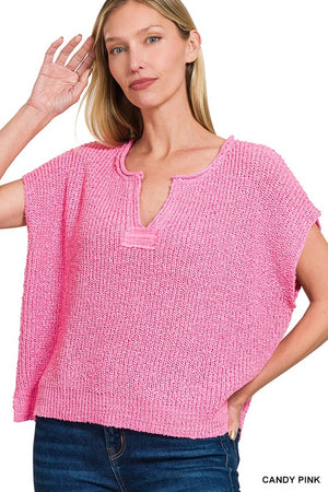 Back Patch Notch Neck SS Sweater