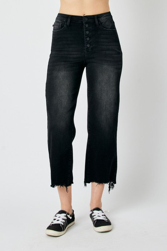 HW Raw Hem Crop Wide Leg Jeans