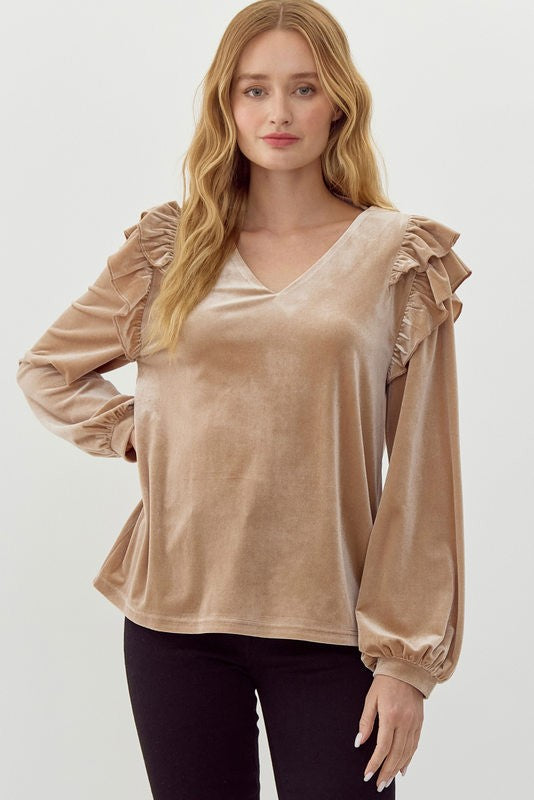 LS Ruffle Shoulder Velvet Top