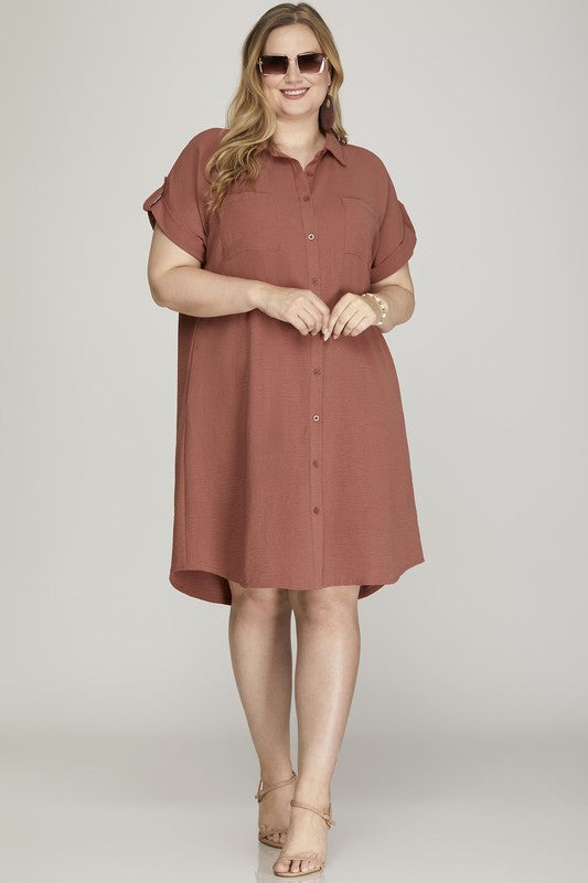 Plus Button Up Woven Shirt Dress in Cinnamon by She + Sky 2XL Plus Button Up Woven Shirt Dress in Cinnamon by She + Sky 2XL