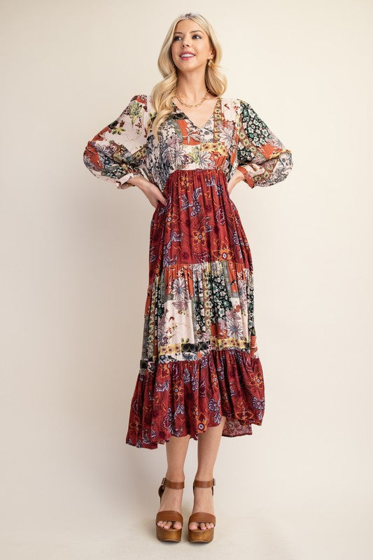 Mixed Print VNeck Midi Dress