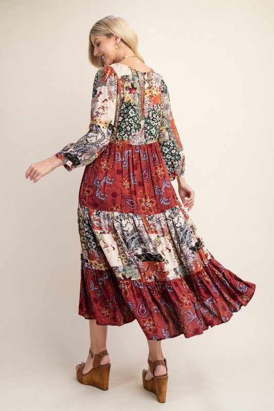 Mixed Print VNeck Midi Dress
