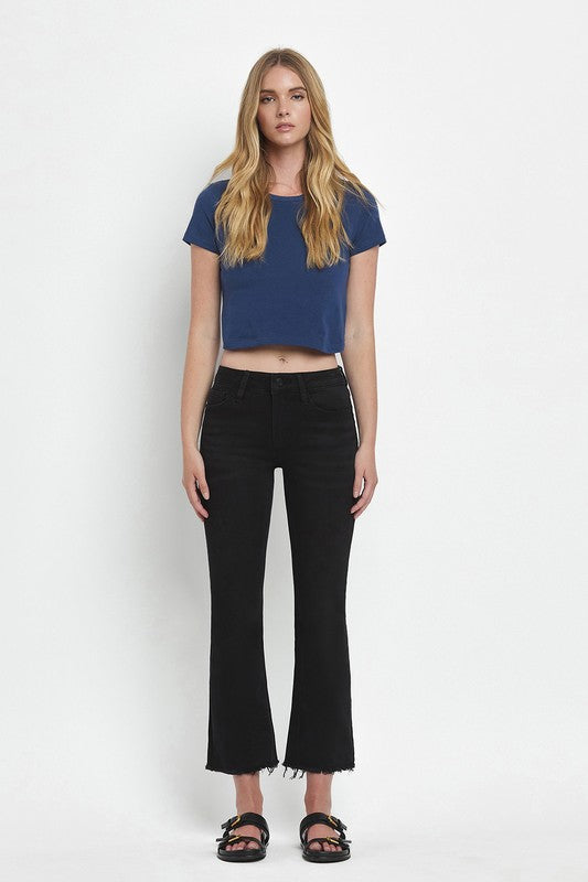 Grandeur Mid Rise Raw Hem Crop Flare Jeans