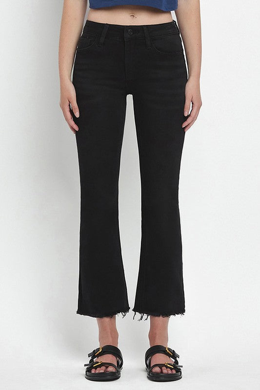 Grandeur Mid Rise Raw Hem Crop Flare Jeans