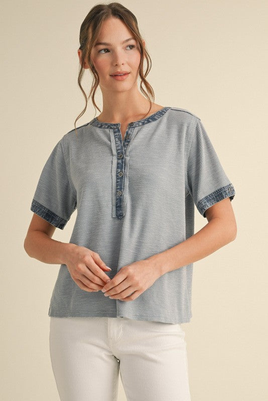 Half Button Ribbed SS Henley Top