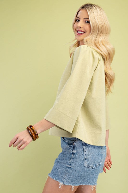 Wide Sleeve Ruffle Neck Solid Top