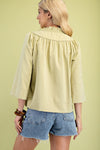 Wide Sleeve Ruffle Neck Solid Top