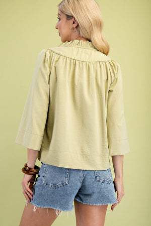 Wide Sleeve Ruffle Neck Solid Top