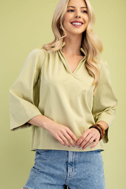 Wide Sleeve Ruffle Neck Solid Top
