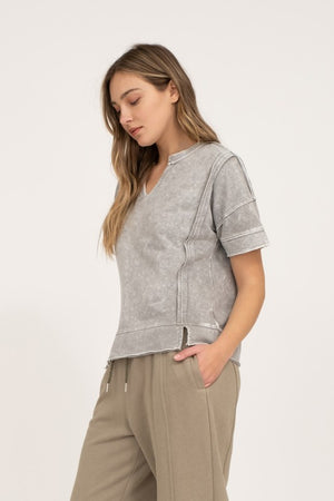 Washed Split Neck Knit Top