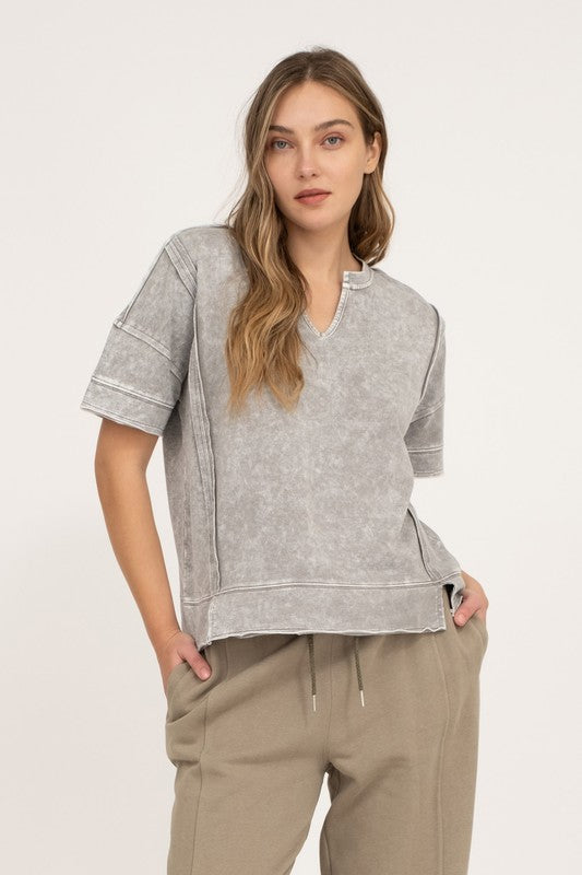 Washed Split Neck Knit Top