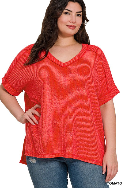 Plus Cord Ribbed SS VNeck Top