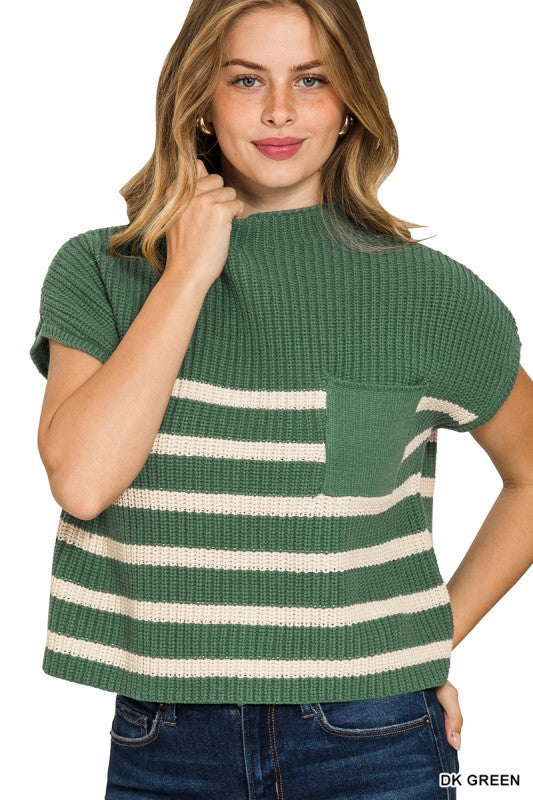 SS Stripe & Solid Pocket Sweater Top