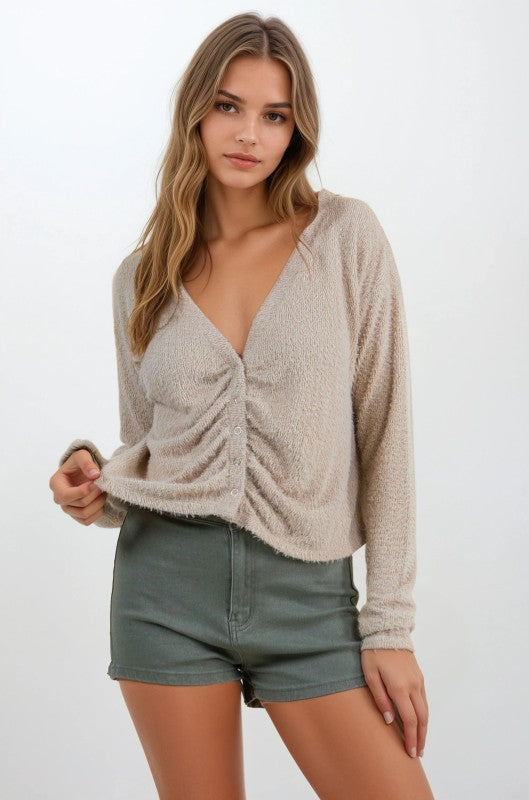 Hairy Soft Snap Front Sweater Top