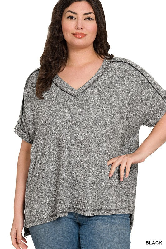 Plus Melange Hacci Seam VNeck Top
