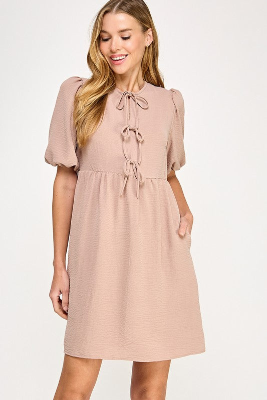 Triple Bow Puff Sleeve Dress