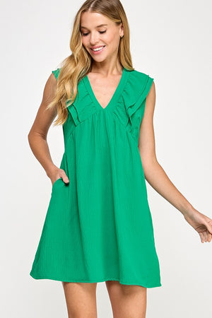 Ruffle Trim V-Neck Babydoll Dress