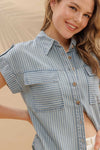 Stripe Button Down Tab Sleeve Top