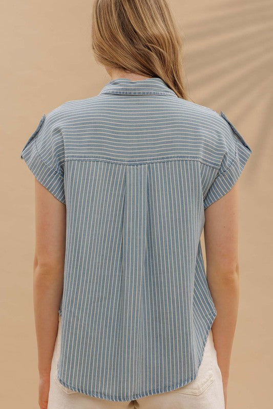 Stripe Button Down Tab Sleeve Top