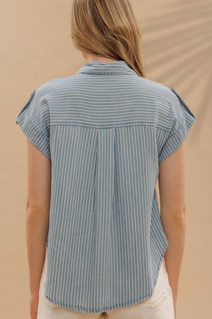 Stripe Button Down Tab Sleeve Top