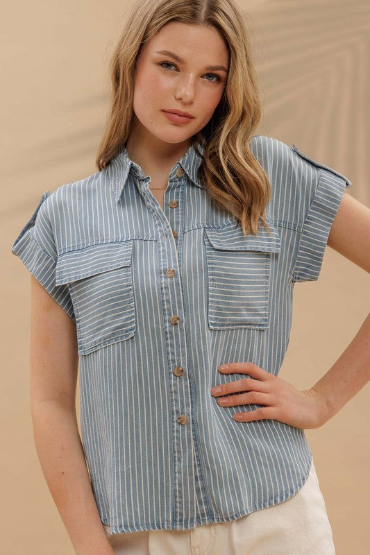 Stripe Button Down Tab Sleeve Top