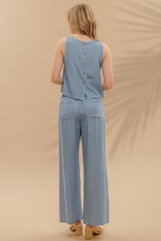 Button Back Sleeveless Chambray Top
