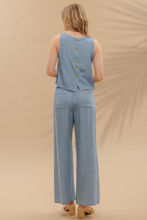 Button Back Sleeveless Chambray Top