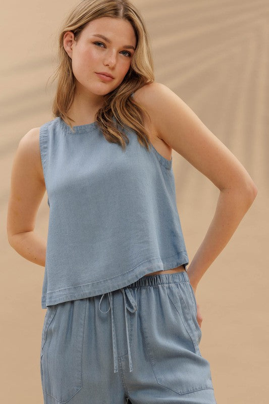 Button Back Sleeveless Chambray Top