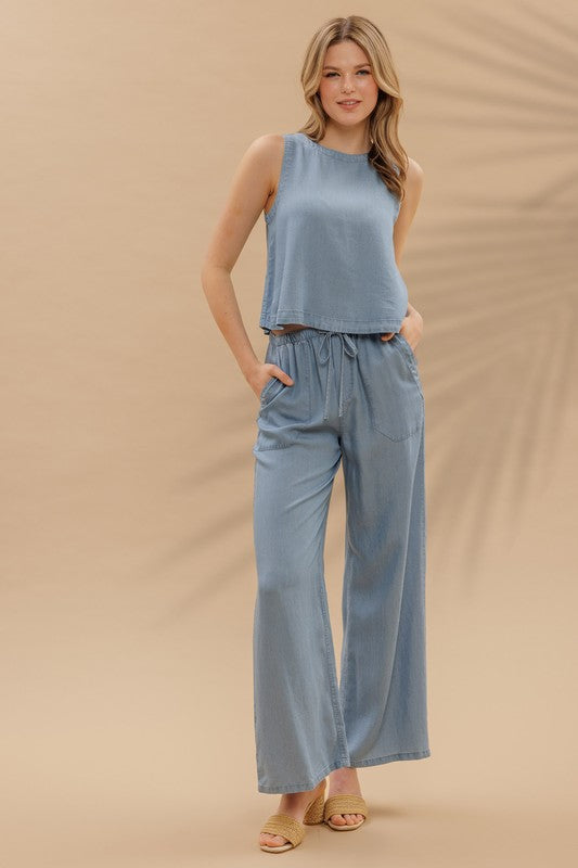 Drawstring Wide Leg Chambray Pants