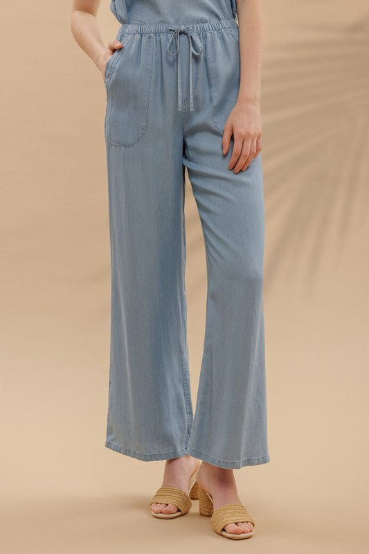 Drawstring Wide Leg Chambray Pants