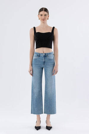Enviably Hi Rise Raw Hem Wide Jeans