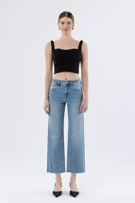 Enviably Hi Rise Raw Hem Wide Jeans