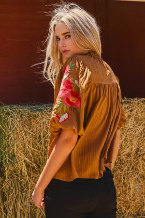 Embroidered Sleeve Mock Neck Top