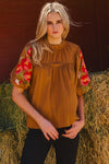Embroidered Sleeve Mock Neck Top