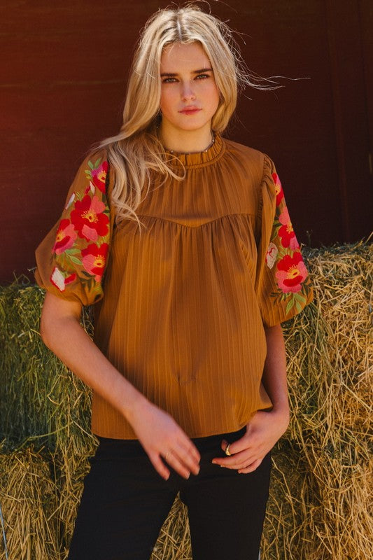 Embroidered Sleeve Mock Neck Top