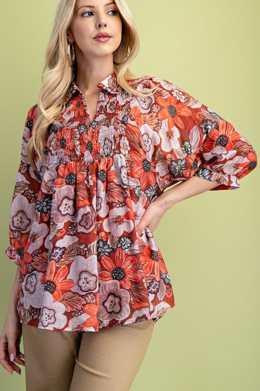 Smocked Yoke Floral Top