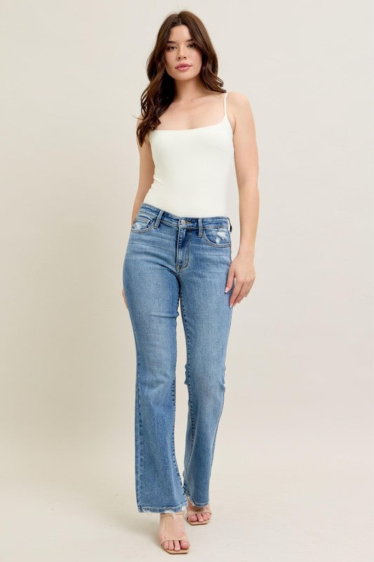 Destroyed Hem Mid Rise Vintage Wash Bootcut Jeans