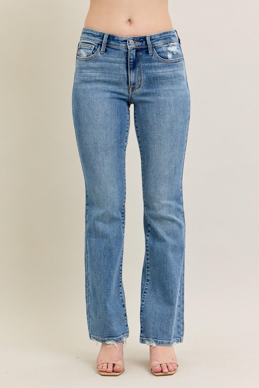 Destroyed Hem Mid Rise Vintage Wash Bootcut Jeans