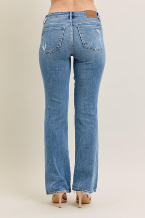 Destroyed Hem Mid Rise Vintage Wash Bootcut Jeans