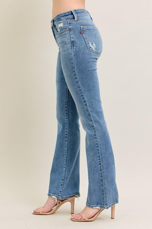 Destroyed Hem Mid Rise Vintage Wash Bootcut Jeans