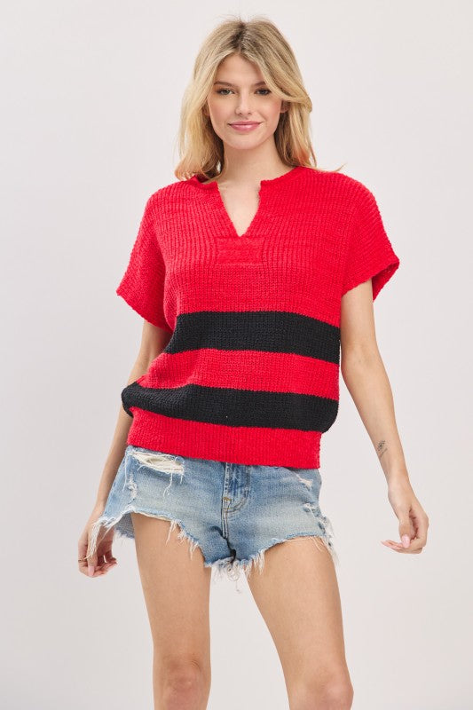 Varsity Stripe Notched Game Day Sleeveless Sweater