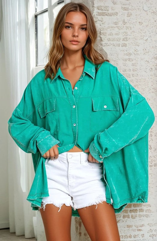 Mineral Wash Oversized Tencel Shirt Top