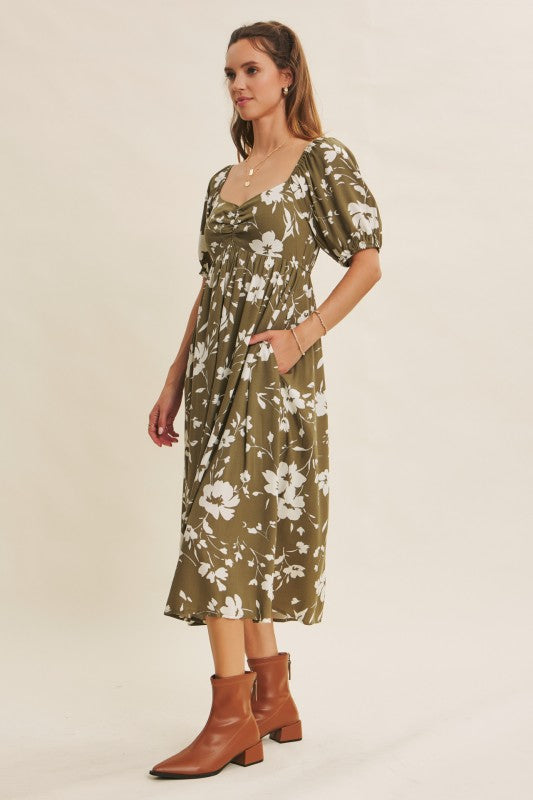 Ruched Bust Print Babydoll Midi Dress