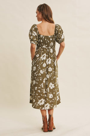 Ruched Bust Print Babydoll Midi Dress