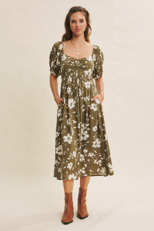 Ruched Bust Print Babydoll Midi Dress